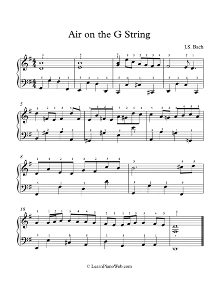 Air on the G String, J.S. Bach - Easy Piano (arr. LearnPianoWeb.com)