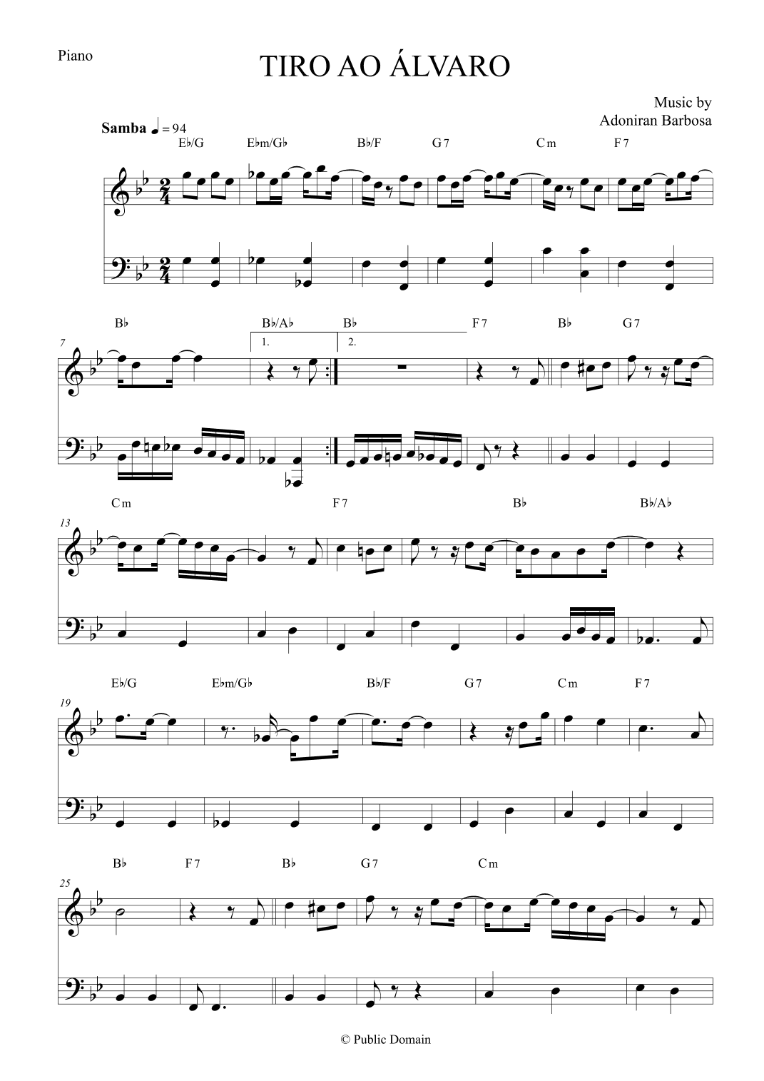 Tiro ao Álvaro by Adoniran Barbosa - Piano Solo (arr. The Sheet Music Library)
