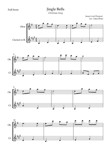 Jingle Bells (Christmas Song) for Oboe & Clarinet in Bb Duo (arr. Fabio Britto)