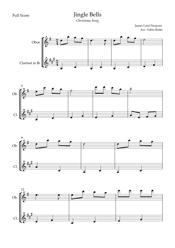 Jingle Bells (Christmas Song) for Oboe & Clarinet in Bb Duo (arr. Fabio Britto)