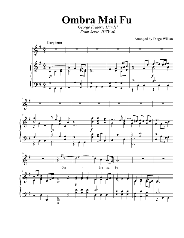 Ombra Mai Fu, G Major (arr. Diego Willian)