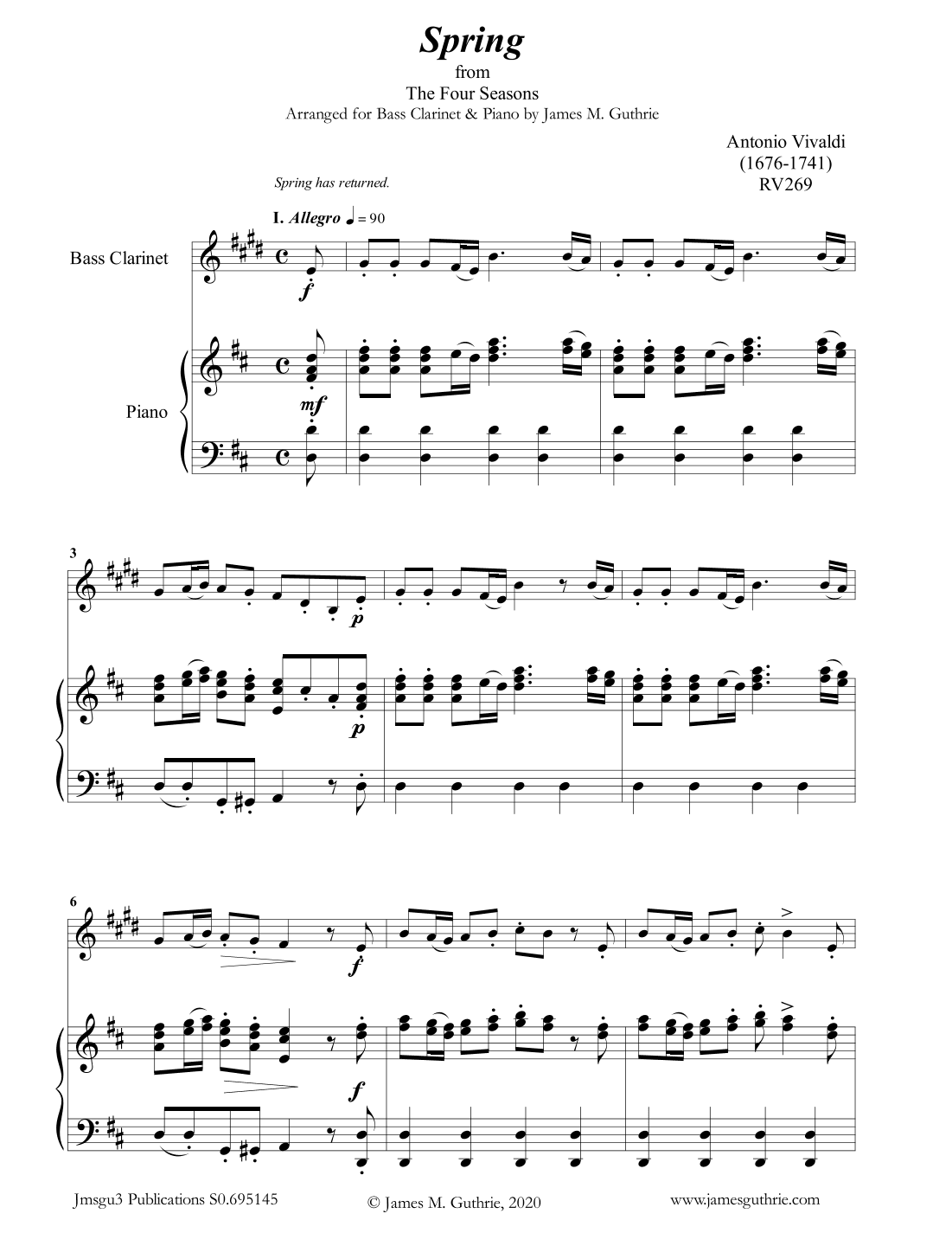 Vivaldi: Spring from the Four Seasons for Bass Clarinet & Piano (arr. James M. Guthrie, ASCAP)