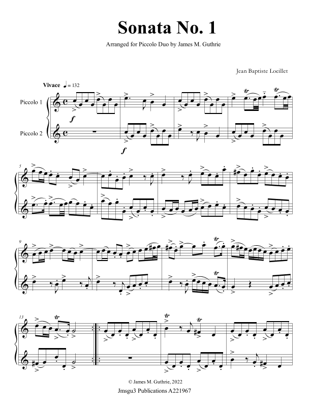 Loeillet: Six Sonatas Op. 5 No. 2 Complete for Piccolo Duo (arr. James M. Guthrie)