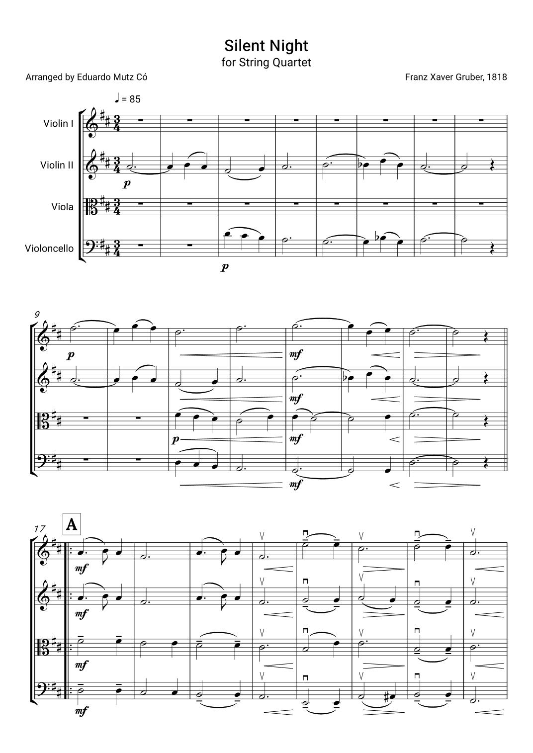 Silent Night – Intermediate String Quartet Arrangement (arr. Eduardo Mutz Có)
