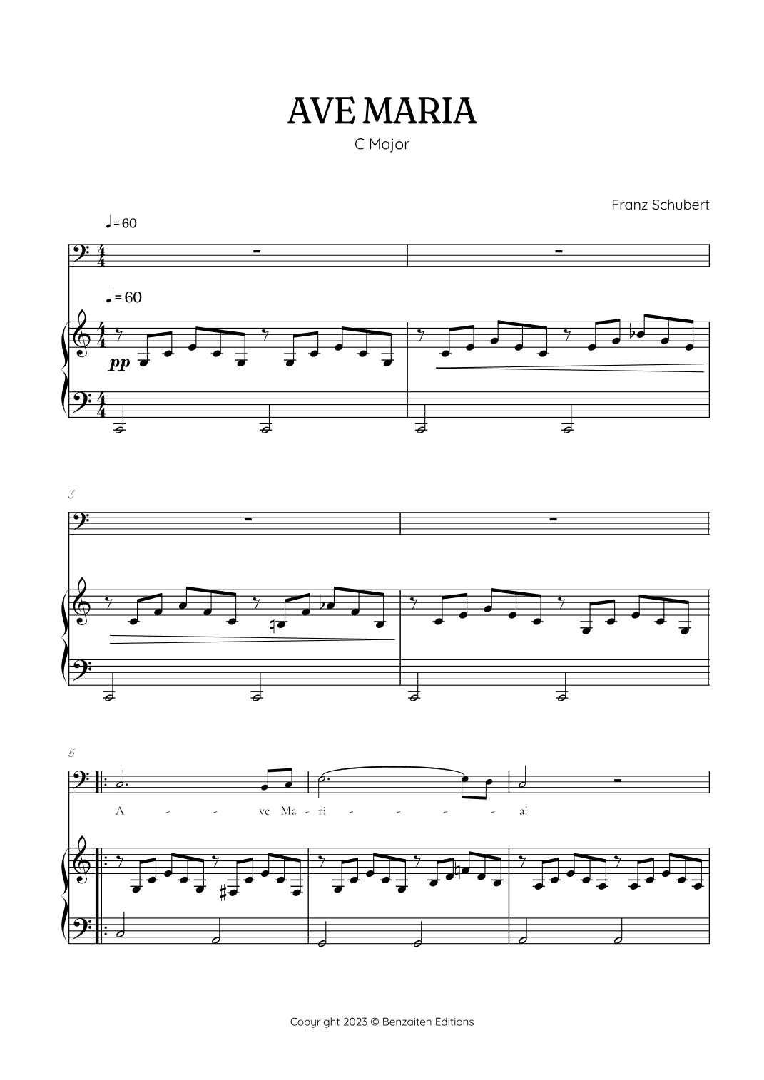 Schubert Ave Maria in C major • baritone voice sheet music with easy piano accompaniment (arr. Benzaiten Editions)