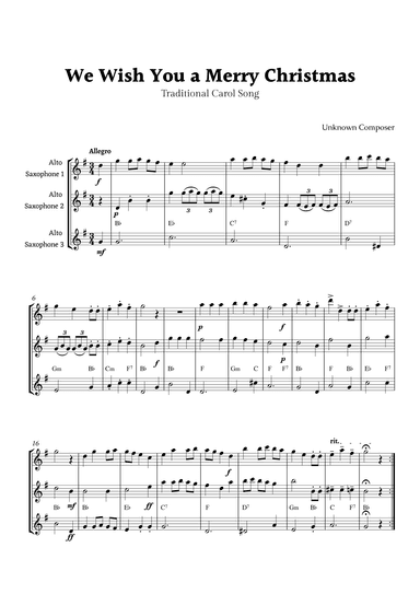 We Wish you a Merry Christmas for Alto Saxophone Trio with Chords (arr. Rika K.)
