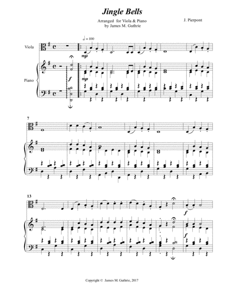 Jingle Bells for Viola & Piano (arr. James M. Guthrie, ASCAP)