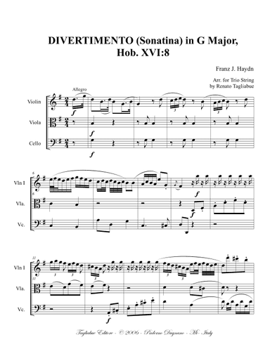 F. J. Haydn. DIVERTIMENTO (Sonatina) in G Major, Hob. XVI-8, Trio string. With parts (arr. Renato Tagliabue)