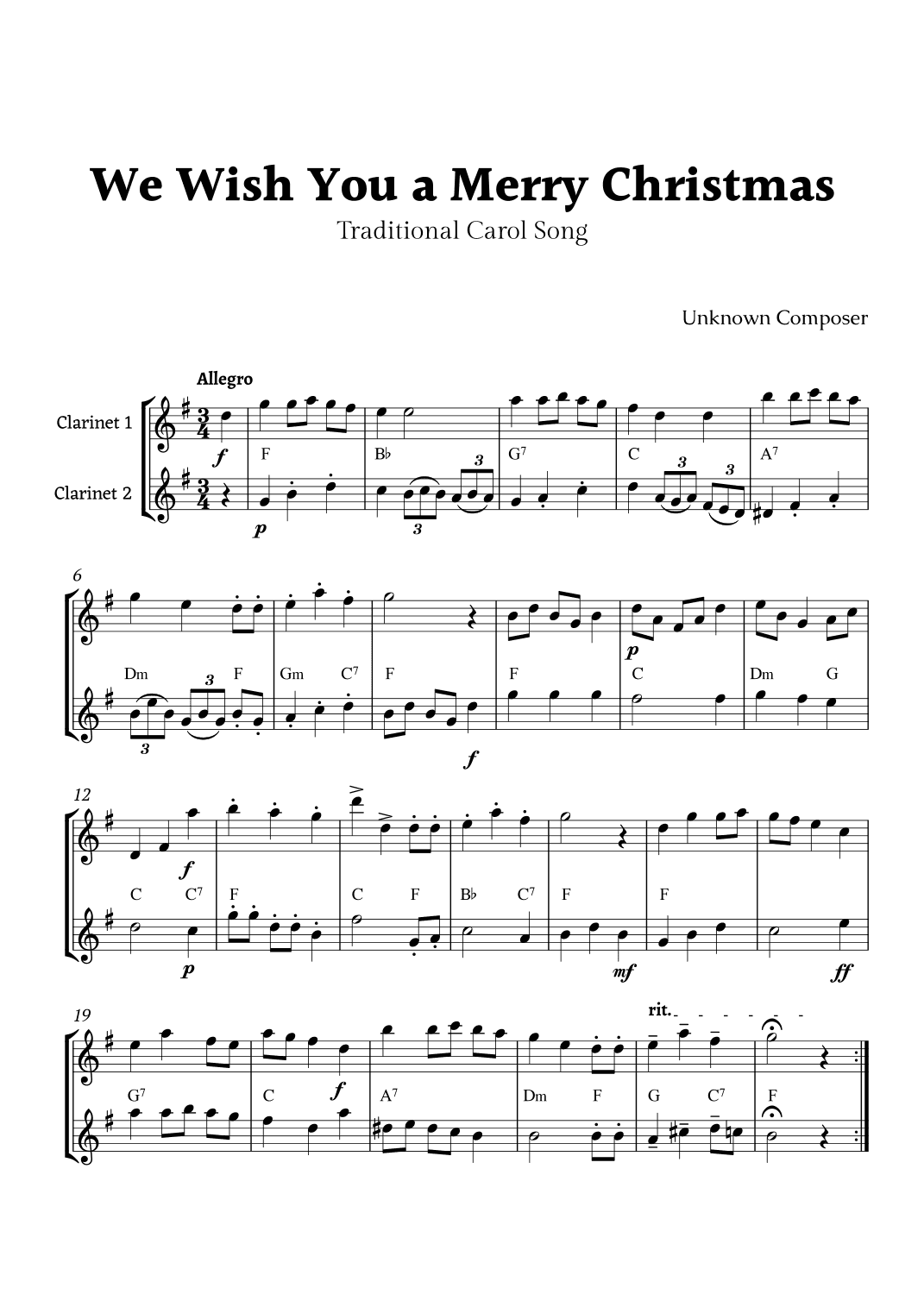 We Wish you a Merry Christmas for Clarinet Duet with Chords (arr. Rika K.)