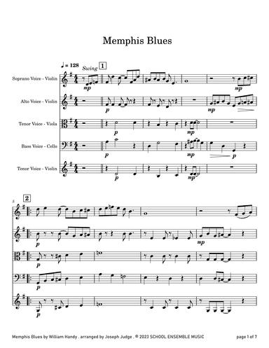 Memphis Blues by Handy for String Quartet in Schools (arr. Joseph Judge)