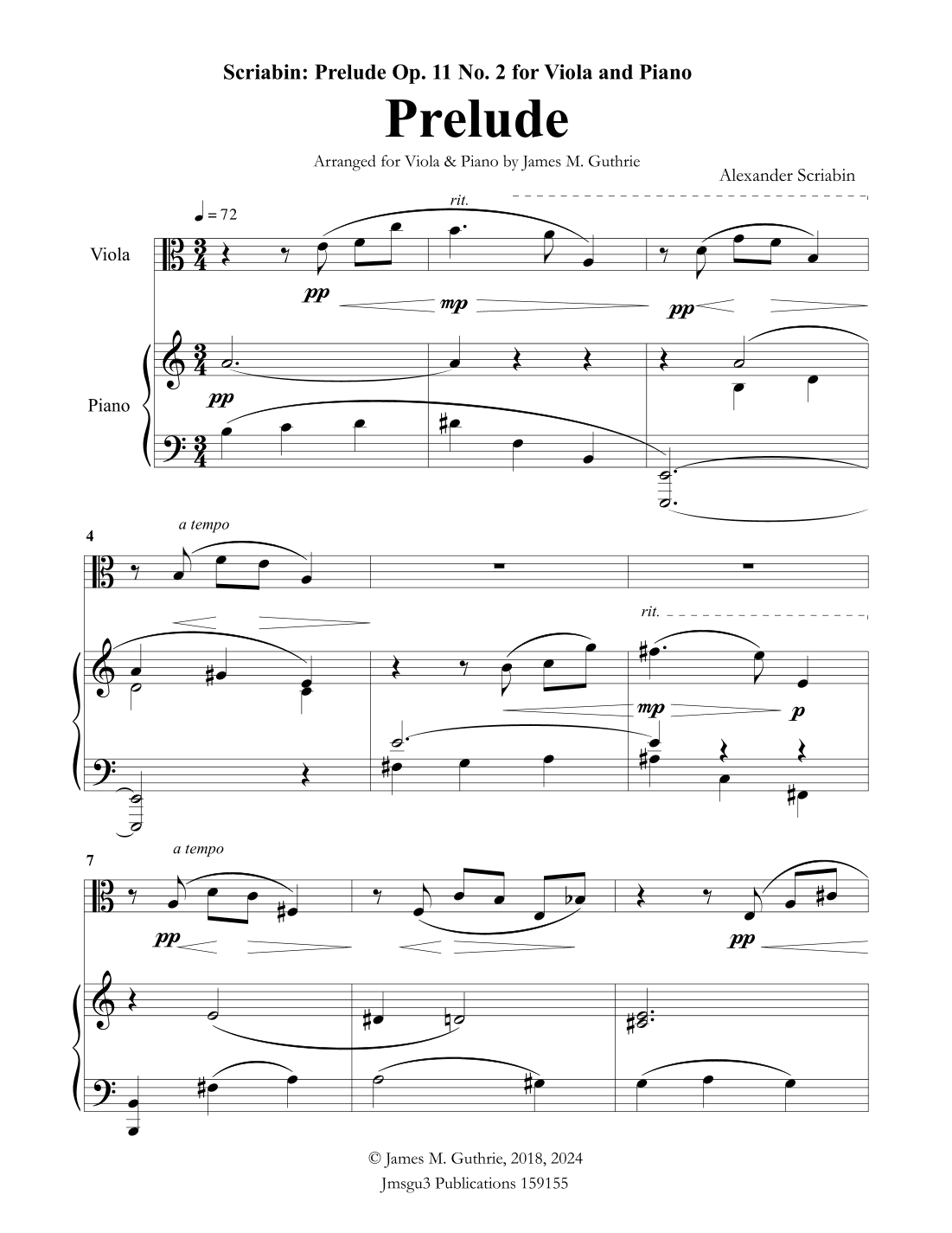 Scriabin: Prelude Op. 11 No. 2 for Viola & Piano (arr. James M. Guthrie, ASCAP)