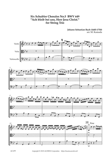 Six Schubler Chorales No.5 BWV649 "Ach bleib bei uns, Herr Jesu Christ." for String Trio (arr. Kamada, Mikio)