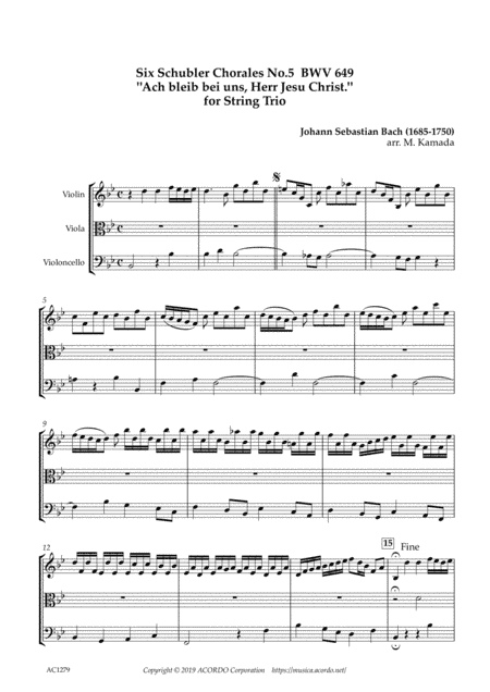 Six Schubler Chorales No.5 BWV649 "Ach bleib bei uns, Herr Jesu Christ." for String Trio (arr. Kamada, Mikio)