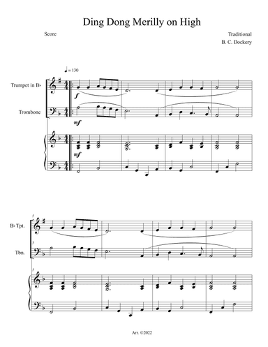 Ding Dong Merrily on High (Trumpet and Trombone Duet with Piano Accompaniment) (arr. B. C. Dockery)
