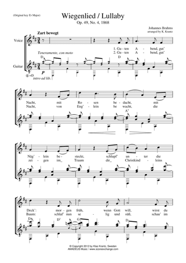 Wiegenlied / Lullaby Op. 49 No. 2 for voice and guitar (arr. Klas Krantz)