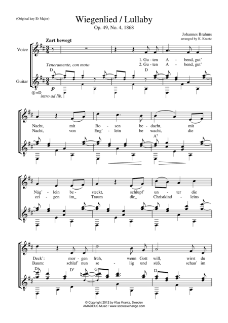 Wiegenlied / Lullaby Op. 49 No. 2 for voice and guitar (arr. Klas Krantz)