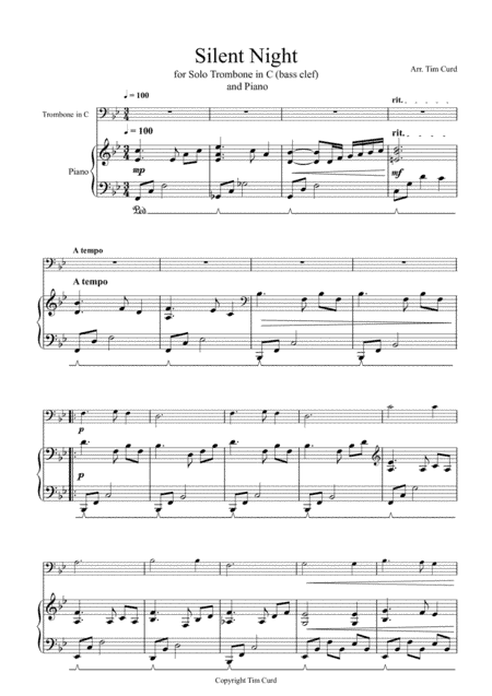 Silent Night for Solo Trombone in C (bass clef) and Piano (arr. Tim Curd)