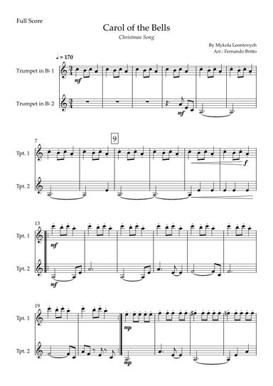 Carol of the Bells in Jazz Version (Christmas Song) for Trumpet in Bb Duo (arr. Fabio Britto)