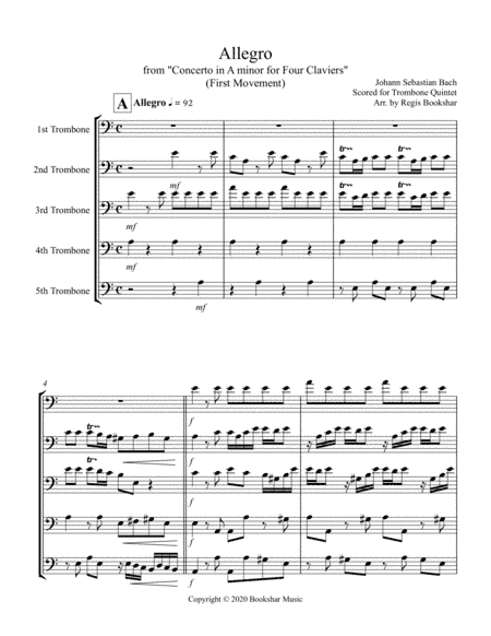 Allegro (from "Concerto for Four Claviers") (A min) (Trombone Quintet) (arr. Regis Bookshar)