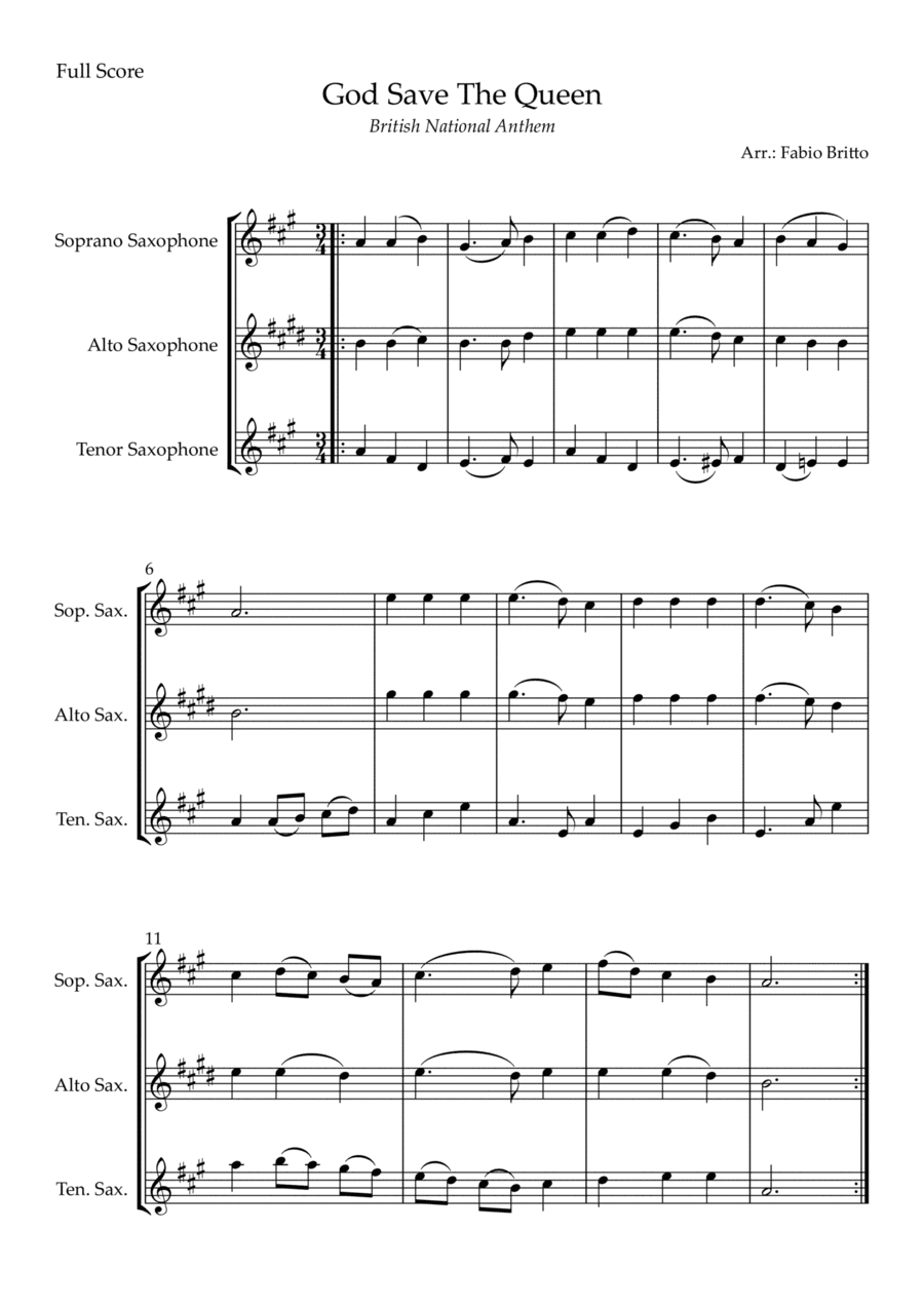 God Save The Queen (British National Anthem) for Saxophone Trio (arr. Fabio Britto)