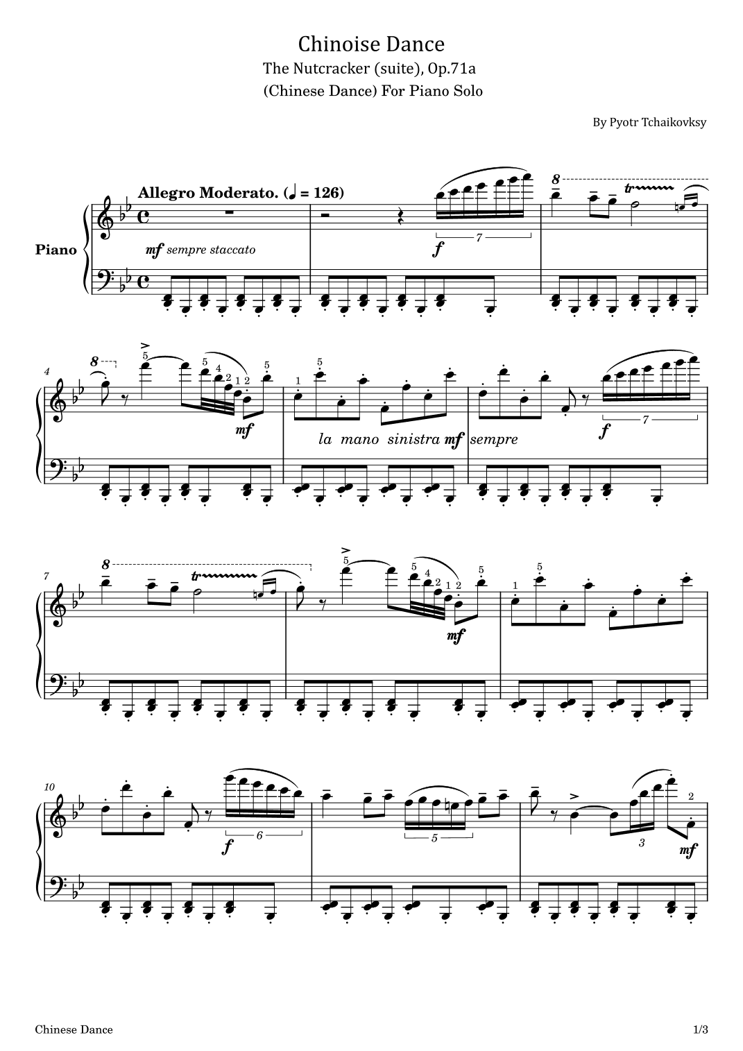 Tchaikovsky - Chinoise Dance (Chinese Dance) Op.71a - Original With Fingered - For Piano Solo (arr. poon)