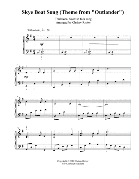 Skye Boat Song (Theme from "Outlander") - intermediate piano (arr. Chrissy Ricker)