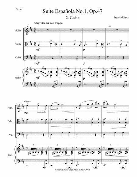 Isaac Albeniz - "Cadiz" arr. for piano quartet (score and parts) (arr. Julia Samarska)