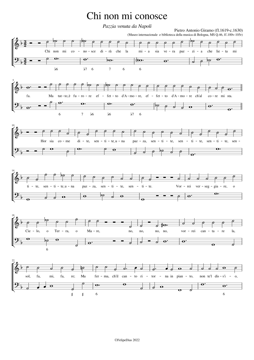 La Pazza: Chi non mi conosce (Pazzia venuta da Napoli) (arr. Early Music Scores)