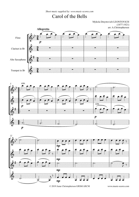 Carol of the Bells - Flute, Clarinet, Alto Sax and Trumpet (arr. Anne L Christopherson GRSM ARCM)