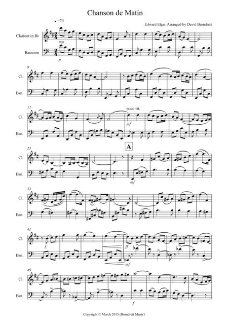 Chanson De Matin for Clarinet And Bassoon (arr. D.Burndrett)