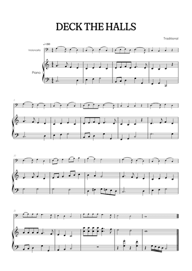 Deck the Halls for cello with piano accompaniment • easy Christmas song sheet music  (arr. Benzaiten Editions)