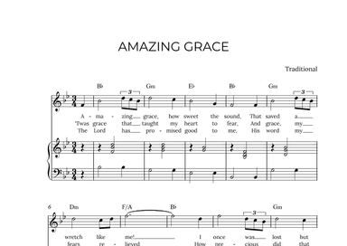 AMAZING GRACE - for piano and soprano in Bb major with chords (arr. Alex Nunes Rodrigues)