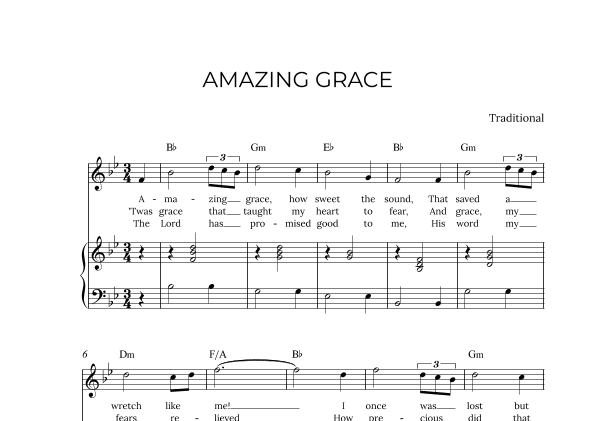AMAZING GRACE - for piano and soprano in Bb major with chords (arr. Alex Nunes Rodrigues)