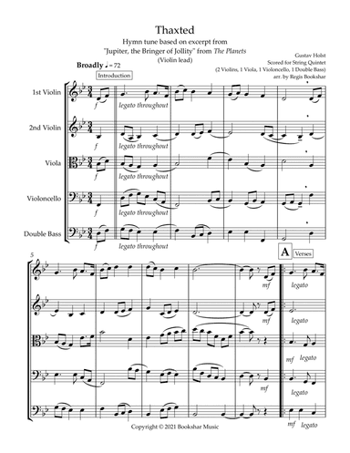 Thaxted (hymn tune based on excerpt from "Jupiter" from The Planets) (Bb) (String Quintet - 2 Violin (arr. Regis Bookshar)