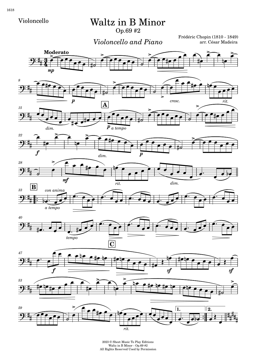 Waltz Op.69 No.2 in B Minor by Chopin - Cello and Piano (Individual Parts) (arr. César Madeira)