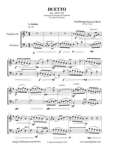 CPE Bach: Duetto Wq. 140 for Trumpet & Trombone (arr. James M. Guthrie, ASCAP)