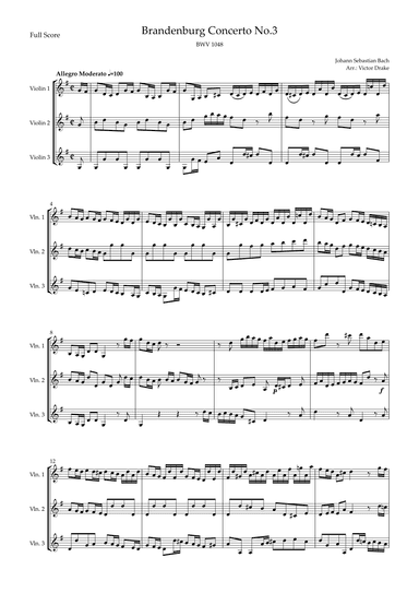 Brandenburg Concerto No. 3 in G major, BWV 1048 1st Mov. (J.S. Bach) for Violin Trio (arr. Victor Drake)