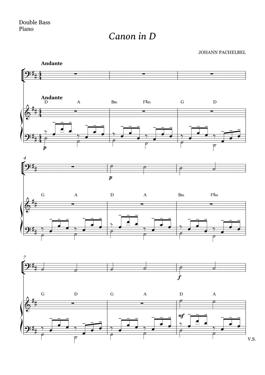 Canon in D for Double Bass and Piano (With Chords) (arr. Cássio Silva Chaves)