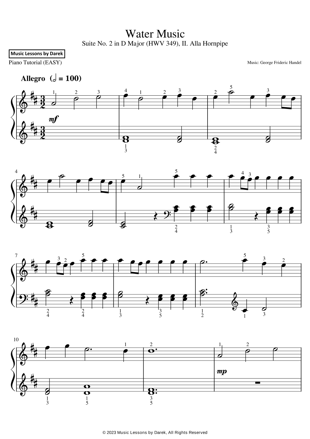 Water Music (EASY PIANO) Suite No. 2 in D Major (HWV 349) II. Alla Hornpipe [George Frideric Handel] (arr. Darek)
