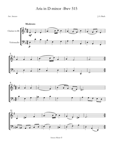 aria bwv 515 clarinet and cello sheet music (arr. Arezzo Music)