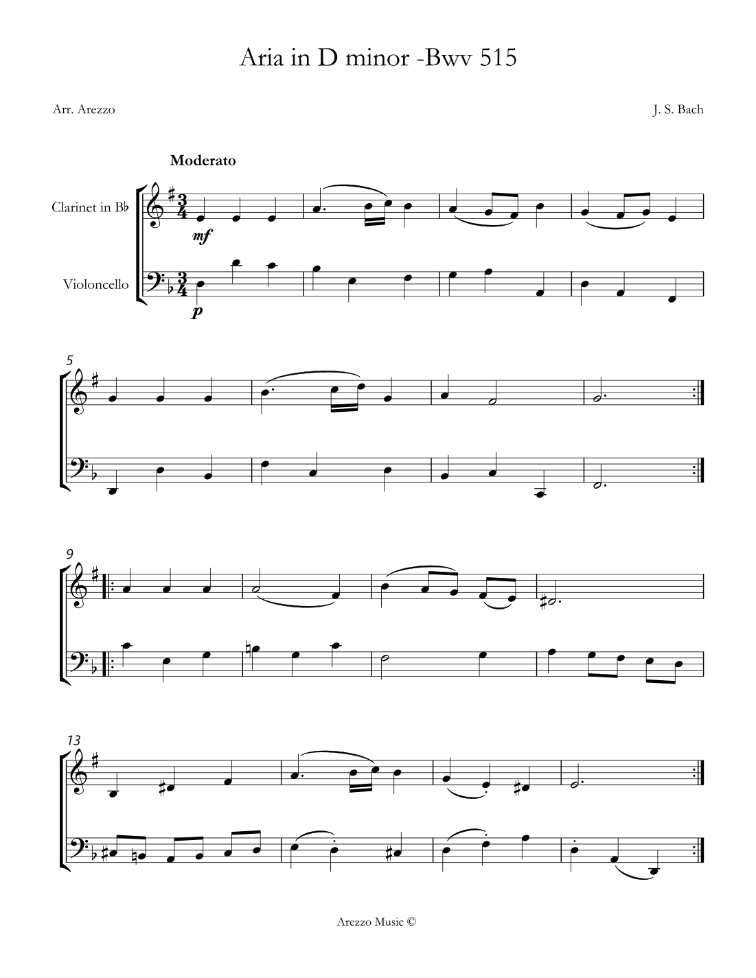aria bwv 515 clarinet and cello sheet music (arr. Arezzo Music)