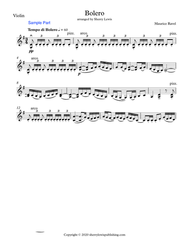 BOLERO for Violin Solo, Intermediate Level (arr. Sherry Lewis)