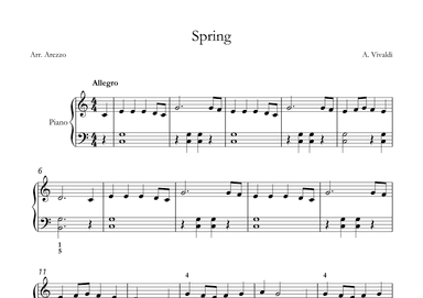 vivaldi spring piano sheet music for beginners (arr. Arezzo Music)