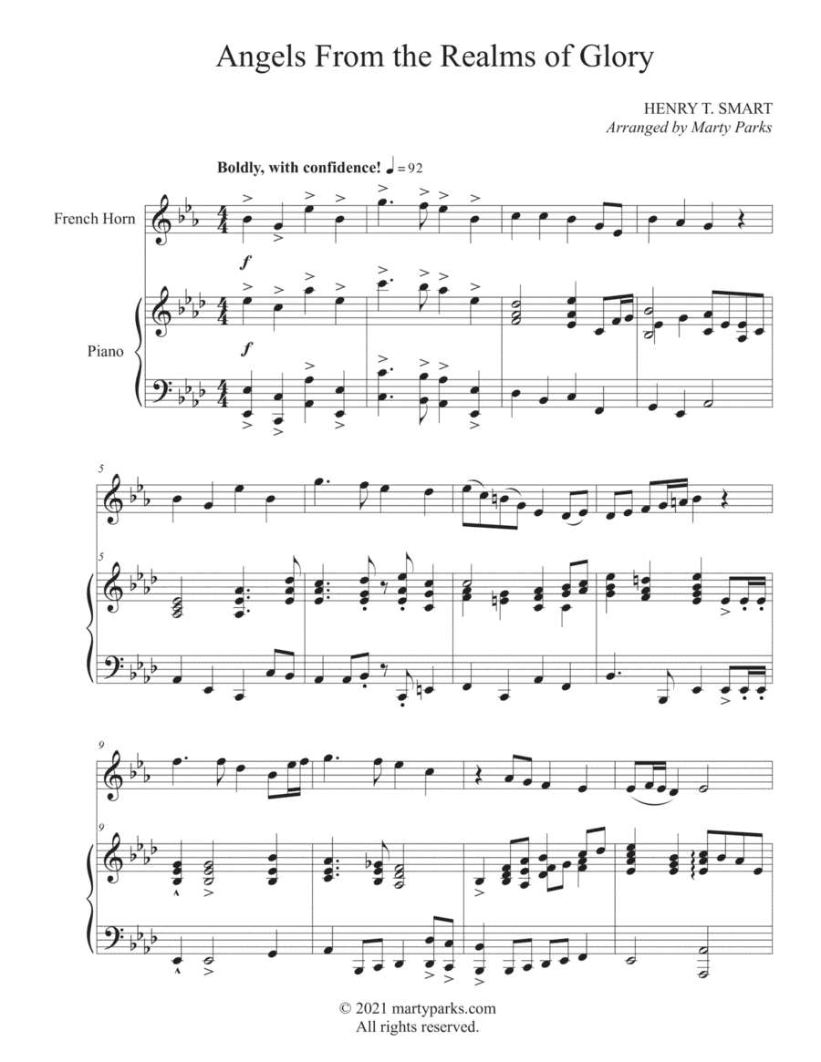 Angels From the Realms of Glory (French Horn-Piano) (arr. Marty Parks)