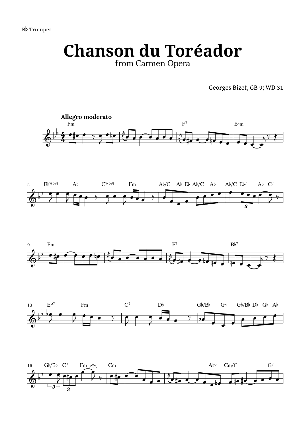 Chanson du Toreador by Bizet for Trumpet (arr. Langanho)
