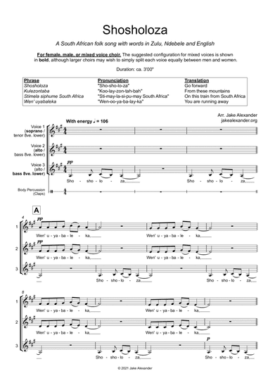 Shosholoza - SAA/TBB/SAB (arr. Jake Alexander)