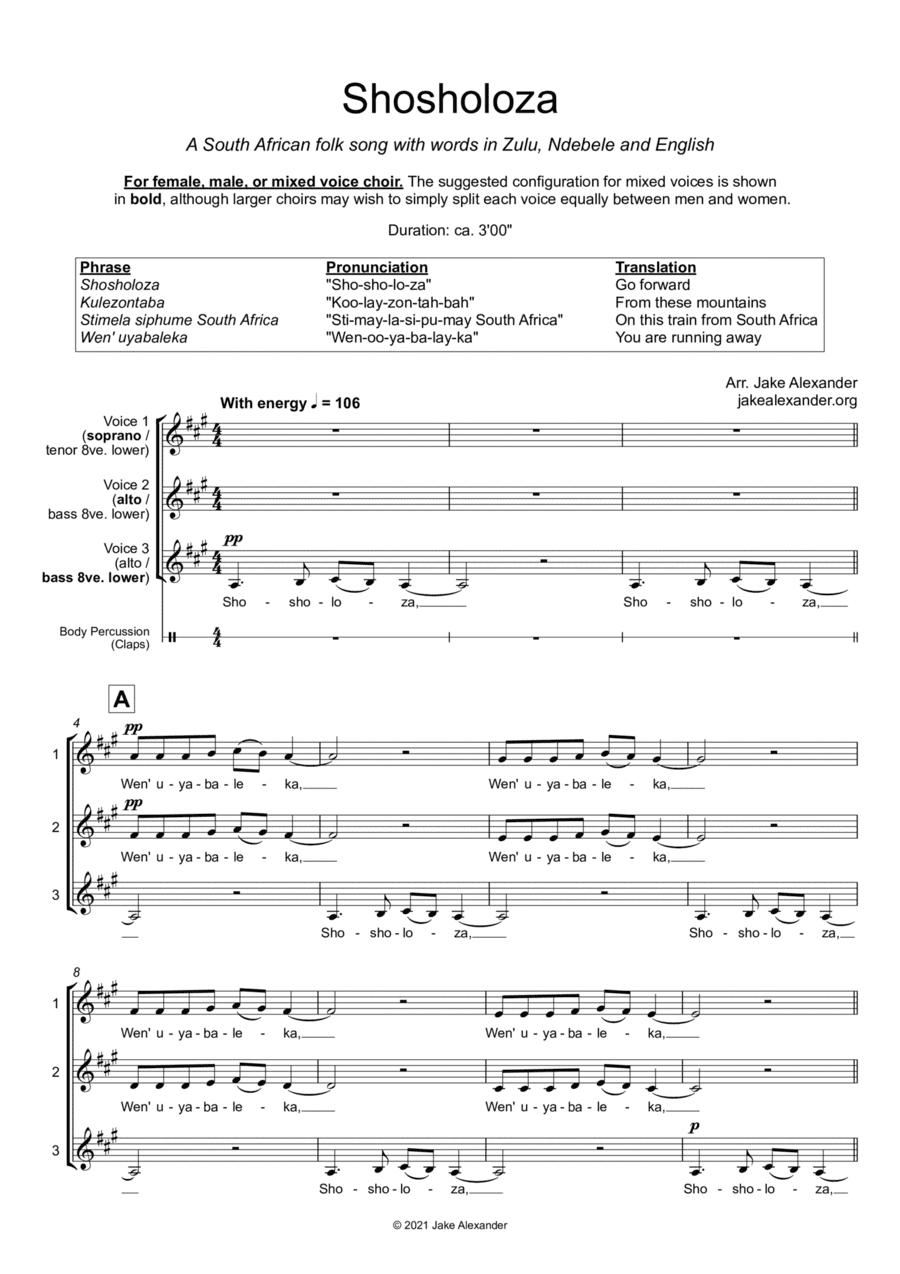 Shosholoza - SAA/TBB/SAB (arr. Jake Alexander)