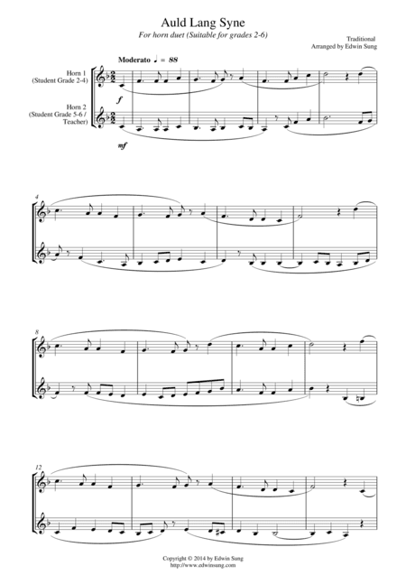 Auld Lang Syne (for horn duet, suitable for grades 2-6) (arr. Edwin Sung)