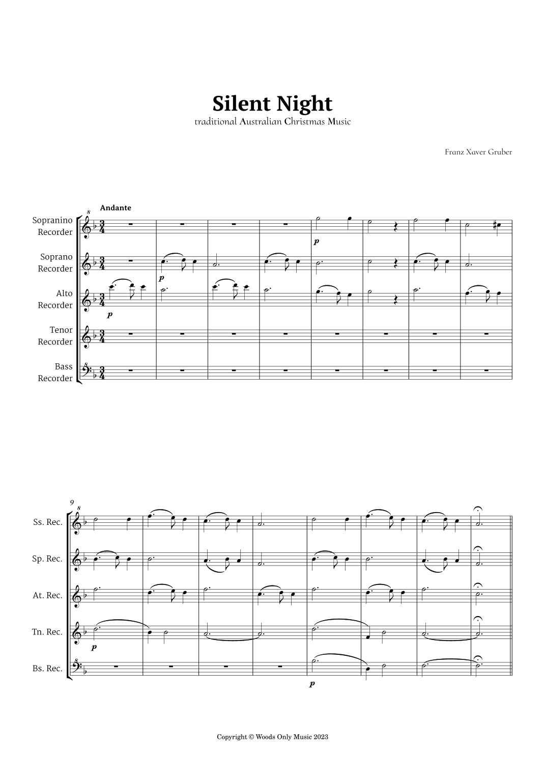 Silent Night by Franz Gruber for Recorder Quintet (arr. Ander)