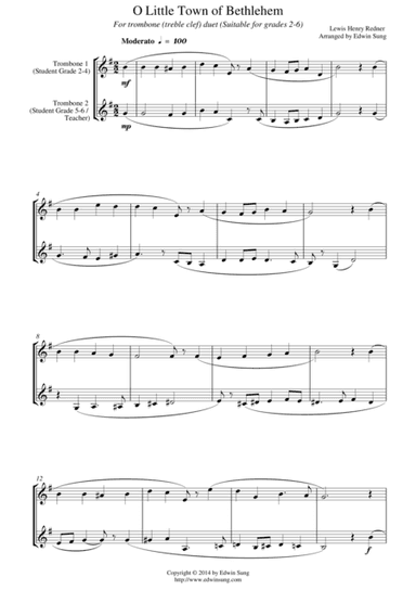 O Little Town of Bethlehem (for trombone duet (treble clef), suitable for grades 2-6) (arr. Edwin Sung)
